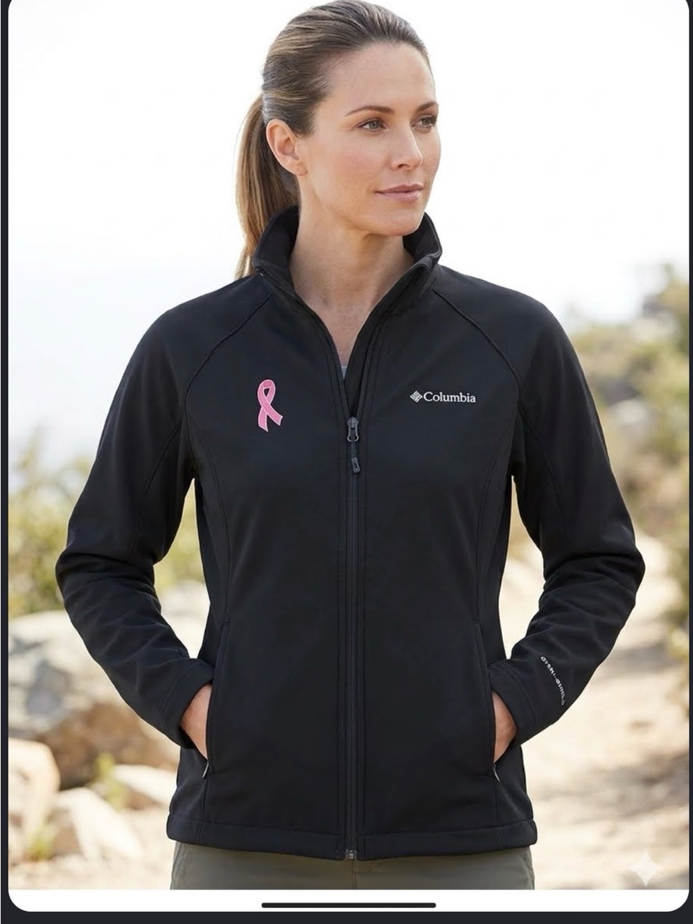 Columbia Black Softshell Jacket with Breast Cancer Ribbon